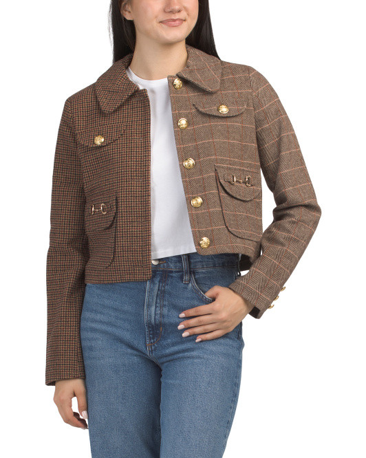 Wool Blend Mixed Plaid Two Pocket Cropped Jacket | Designer Clothing | Marshalls | Marshalls