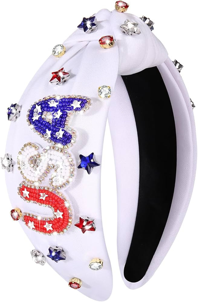 boderier 4th of July Headband Beaded USA Headband Jeweled Crystal Embellished Knotted Headband US... | Amazon (US)