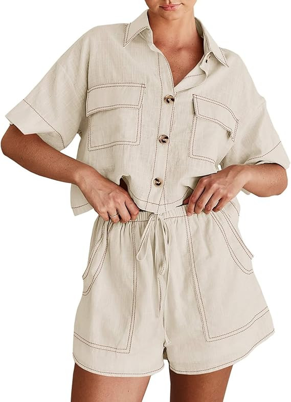 Imily Bela Women's 2 Piece Outfits Sets Summer Button Down Shirts and Shorts Pajama Sets Casual L... | Amazon (US)