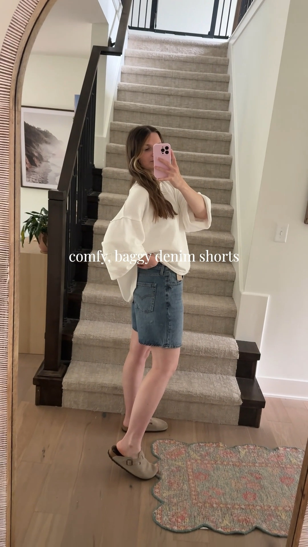 trying on these denim shorts I just got in! I sized up 2 sizes from my prepregnancy size, postpartum! mid rise, comfortable and love the looseness on the thigh! 

#LTKmomlife #LTKootd