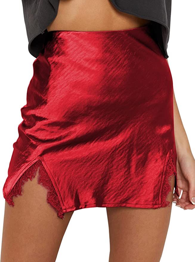 LYANER Women's Satin Lace Trim Split Slit Hem Zipper High Wasit Mini Short Skirt | Amazon (US)