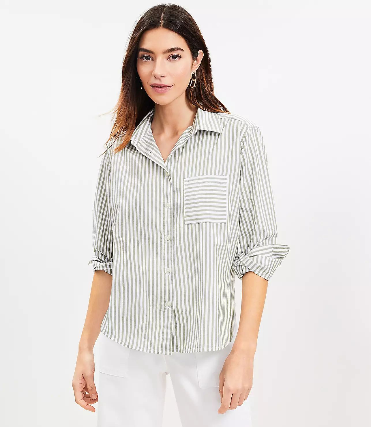 Petite Stripe Cotton Blend Relaxed Pocket Shirt | LOFT
