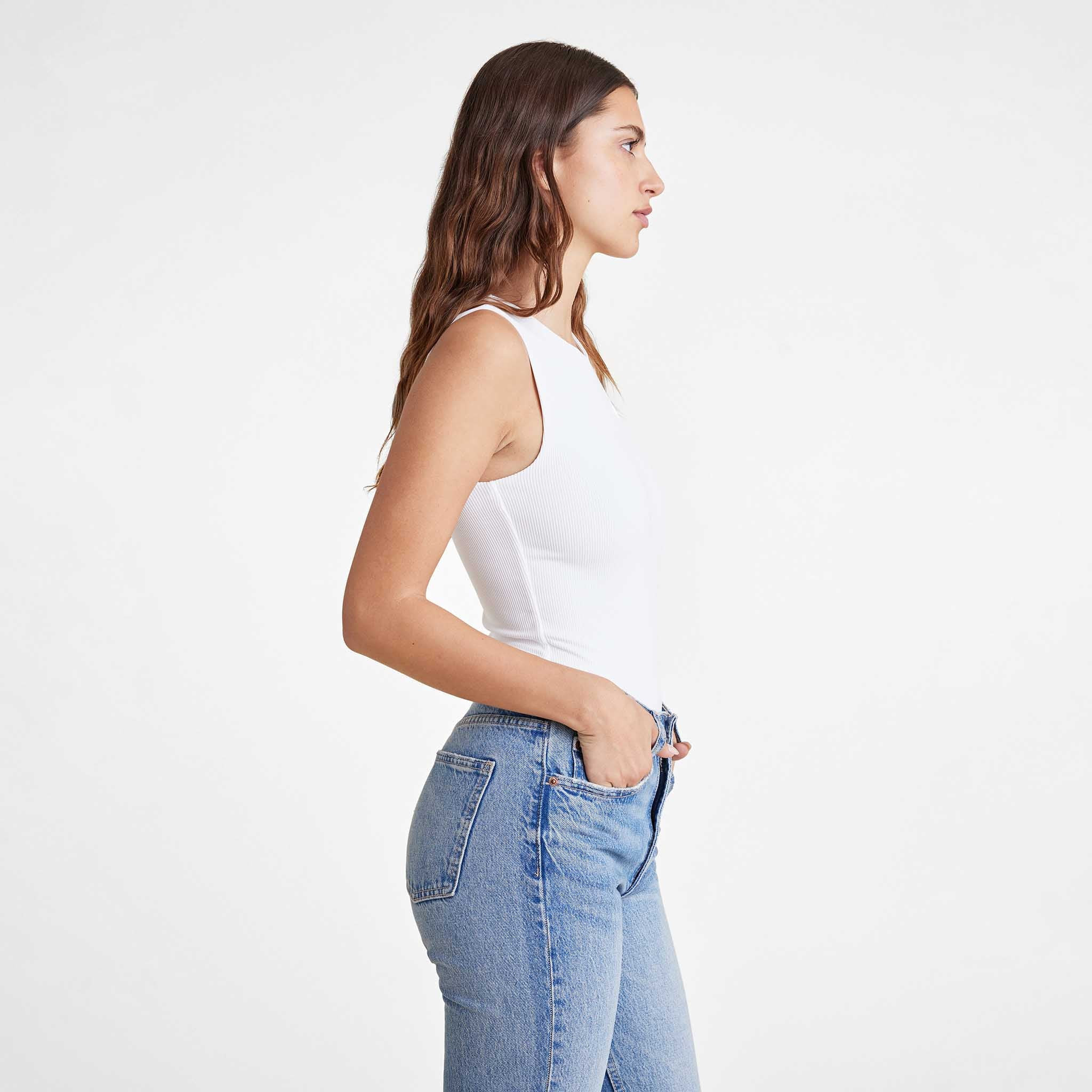 Ribbed Crewneck Tank Bodysuit | White | Nuuds US