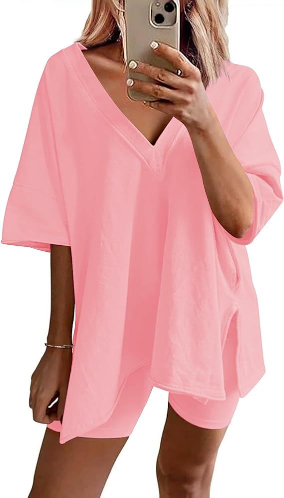 Ekouaer Womens Pajamas 2 Piece Lounge Sets Oversized V Neck T-Shirts Tops Biker Shorts Set Workou... | Amazon (US)