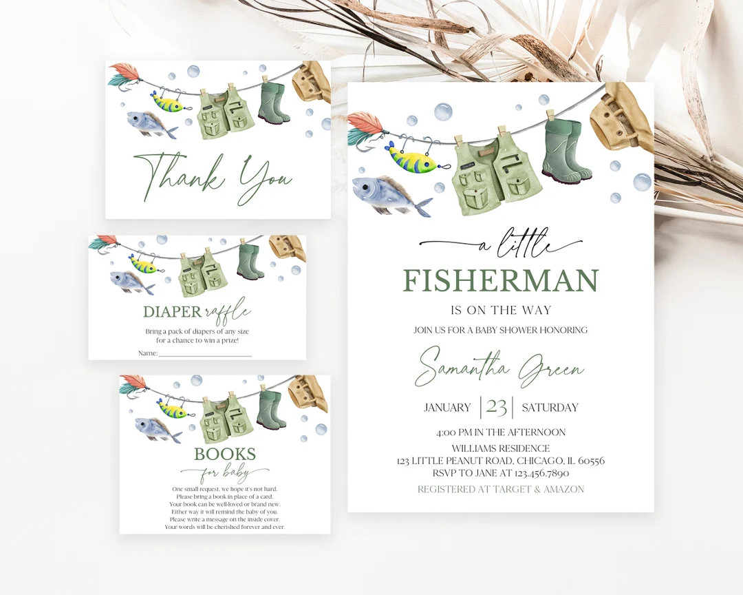 Editable A Little Fisherman Baby Shower Invitation Bundle, Boy Fishing Baby Shower Invite, Green ... | Etsy (US)