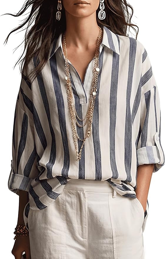 Watashi Women Striped Button Down Henley Shirt Oversized Long Sleeve Collared Blouse Work Office ... | Amazon (US)