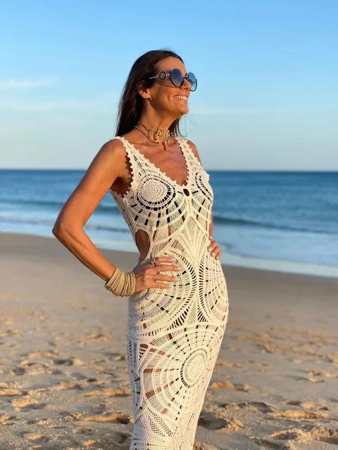 Vestido largo de punto blanco con cuello en V para mujer, traje Sexy sin mangas con Espalda descu... | Aliexpress EU