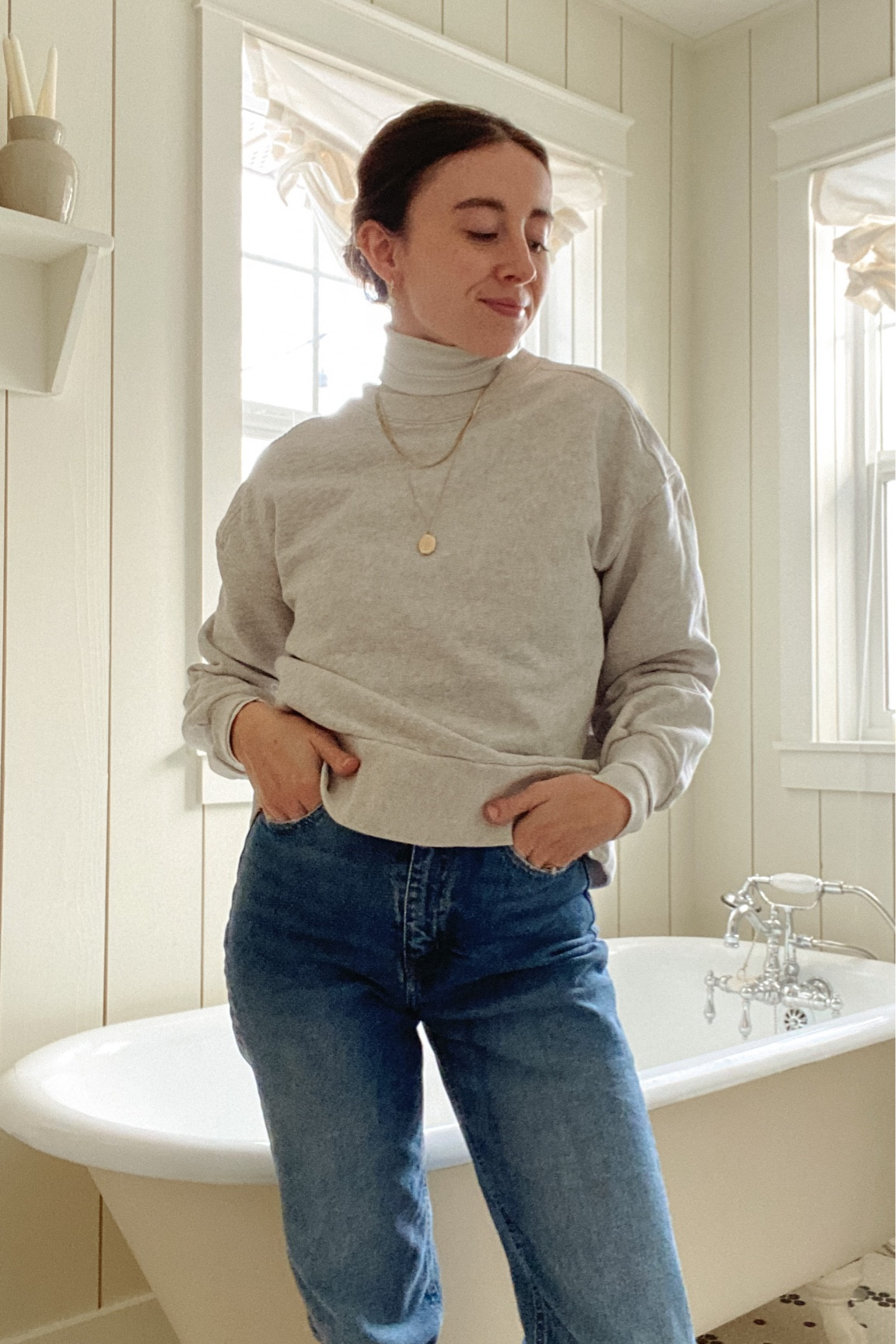 Turtleneck was thrifted but wearing a size small in the crewneck and size 2 in the jeans!