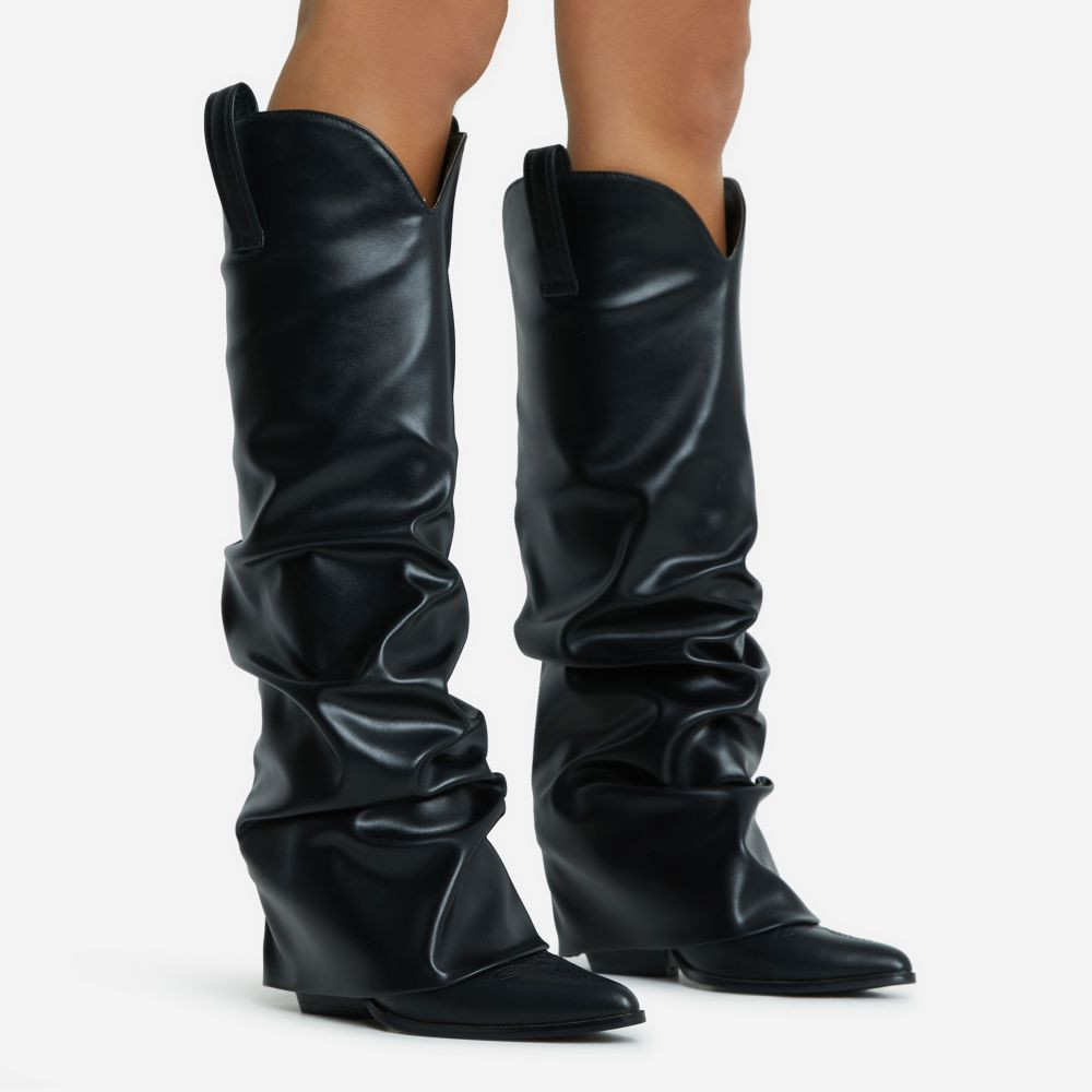 Connection Pointed Toe Block Heel Knee High Slouched Long Western Cowboy Boot In Black Faux Leath... | EGO Shoes (US & Canada)