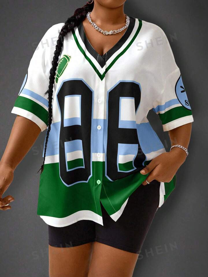 SHEIN Coolane Plus Size Women's Digital Print V-Neck Casual Shirt With Dropped Shoulder And Short... | SHEIN