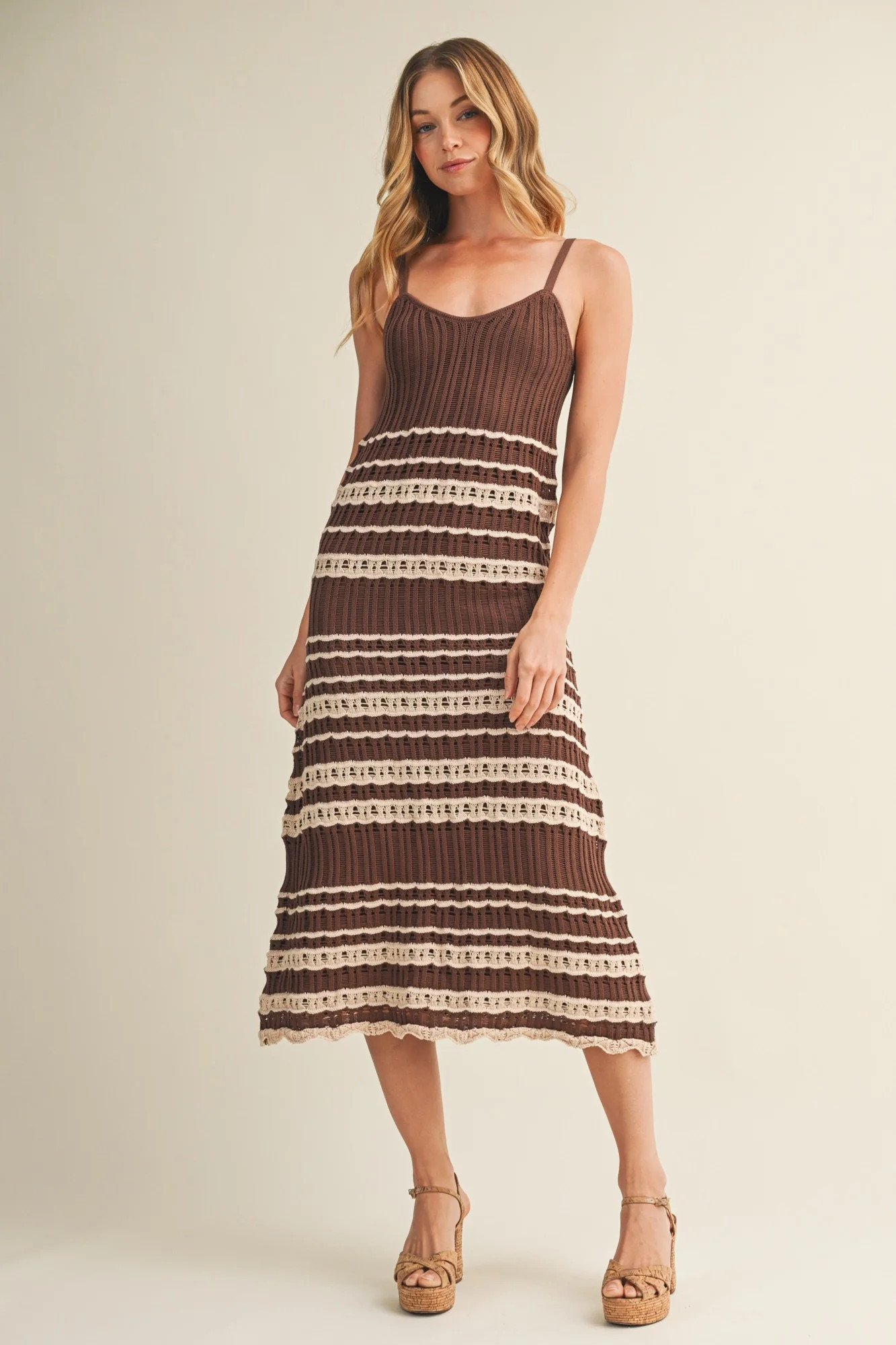 Chocolate Sleeveless Striped Crochet Dress - Medium | PinkBlush Maternity