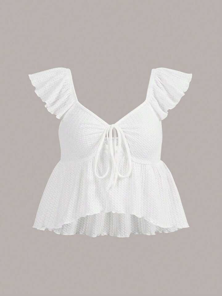 SHEIN Qutie Tie Front Ruffle Hem Top | SHEIN