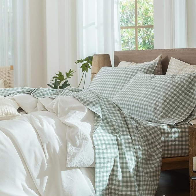 MooMee Gingham Sheet Set 100% Washed Cotton Linen Like Textured Breathable Soft w/ Fully Elastici... | Amazon (US)
