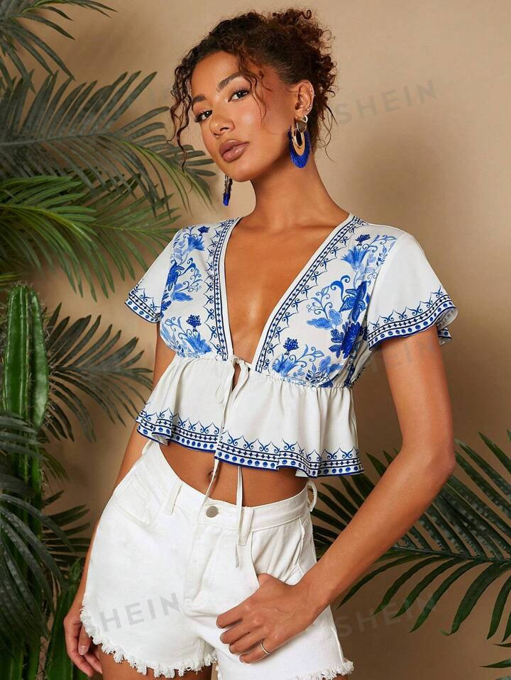 SHEIN TRVLCHIC Women's Vacation Style Printed Tie Waist Ruffle Hem Crop Women Tops | SHEIN