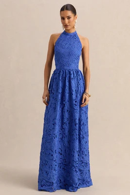 Indiana | Dark Blue Broderie Halter-Neck Maxi Dress | Club L London