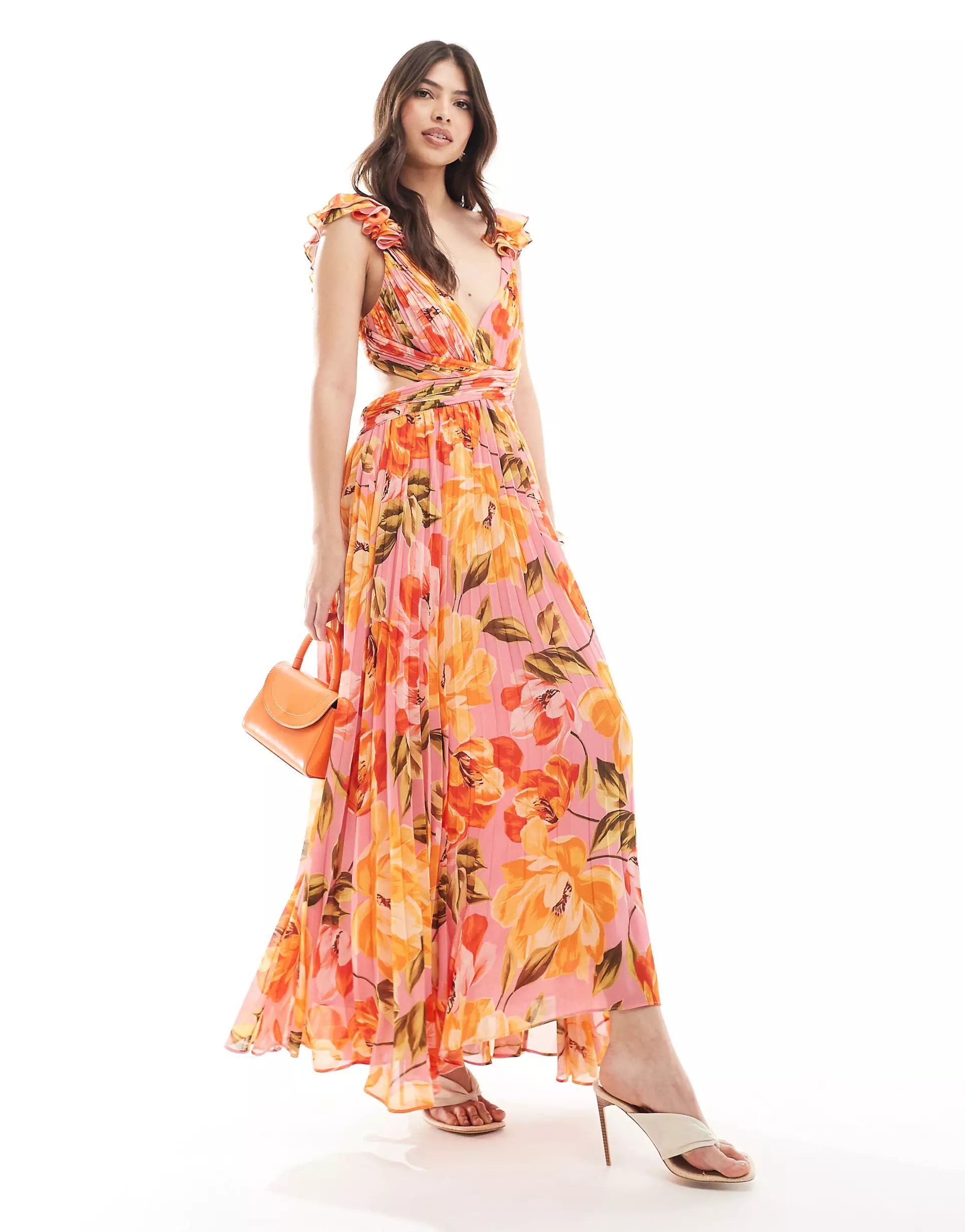 Forever New cut out plisse maxi dress in ornage and pink floral | ASOS (Global)