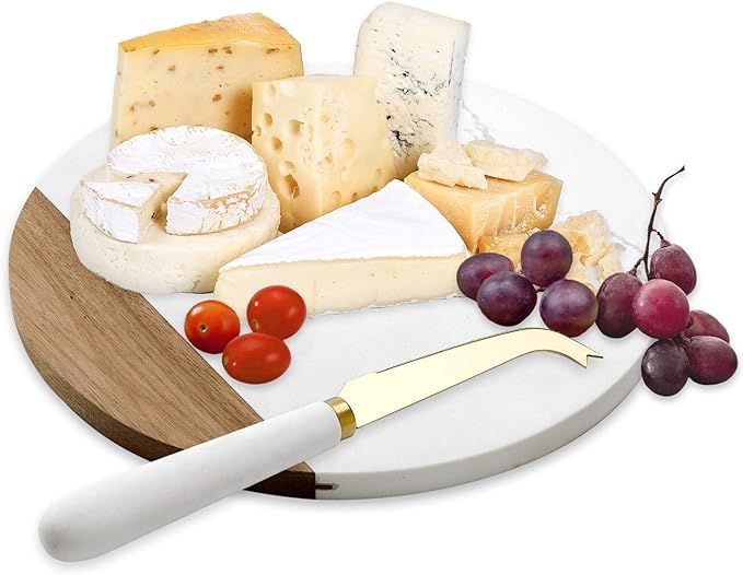 VUDECO White Marble and Acacia Wooden Cheese Board & Knife Set Marble Tray for Meats Breads Charc... | Amazon (US)
