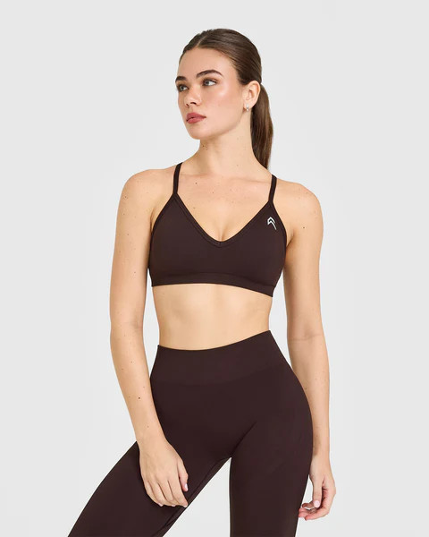 EnhanceLift™ Seamless Strappy Sports Bra with White Logo 
 Plum Brown | Oner Active (UK / US)