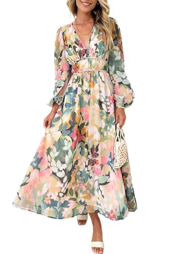Women's Long Sleeve Boho Maxi Dress Floral Print Long Dress Pink Print | Amazon (US)