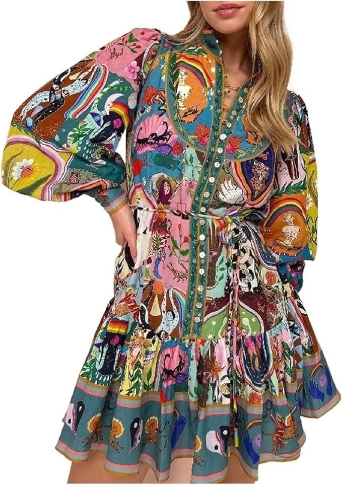 Women's Short Skirt Puff Sleeves High Neck Printed Button Tight Sexy Night Club Party Shirt Dress | Amazon (US)