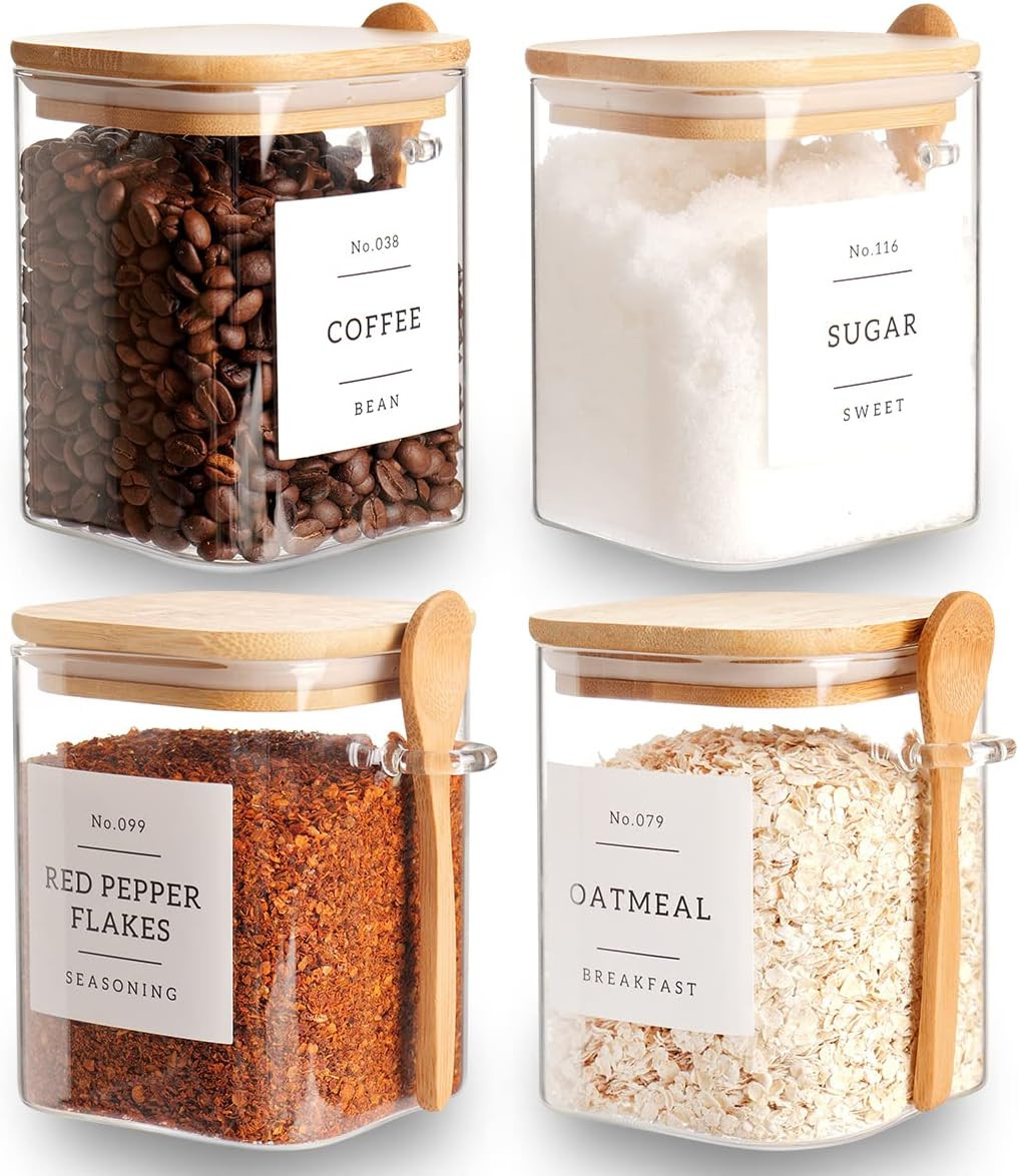 CZZGSM Set of 4 Square Glass Jar with Bamboo Lids and Spoons – Airtight 27 oz Borosilicate Glass Food Storage Contaienrs with 132 Kitchen Pantry Labels for Coffee, Tea, Sugar | Amazon (US)