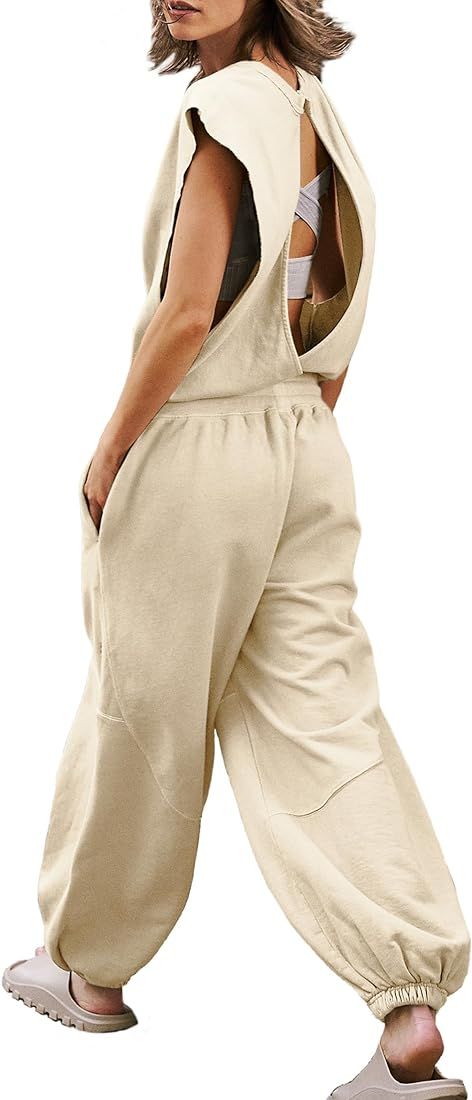 TQD Women Open Back Jumpsuit Oversized Sleeveless Wide Leg Jumpsuit Loose Casual Backless One Pie... | Amazon (US)