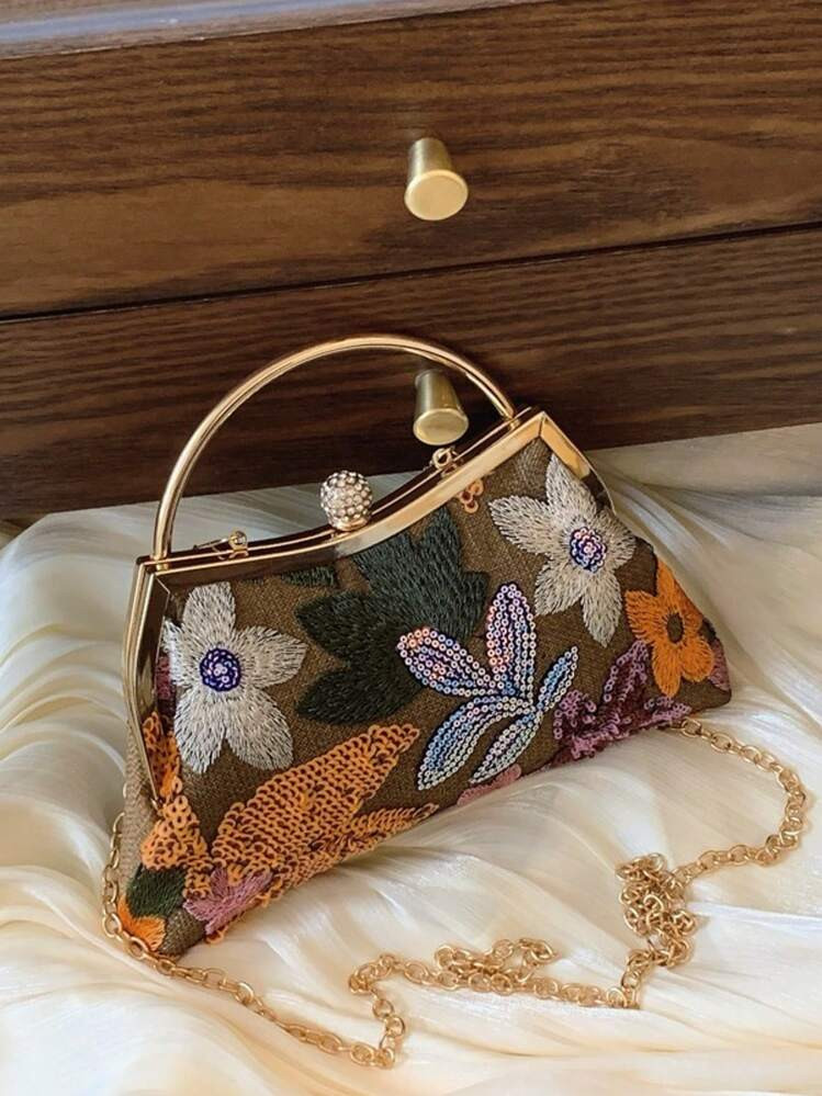 Heavy Lace, Sequin & Embroidered Floral Patch Handbag, Elegant Ladies Evening Clutch Bag For Banquet, Party, Shopping, Suitable For Office, College, Work, Business, Commuting, Outdoor Activities, Travel (Pattern Print Random), Sparkling Sequin Bags Ladies Elegant | SHEIN