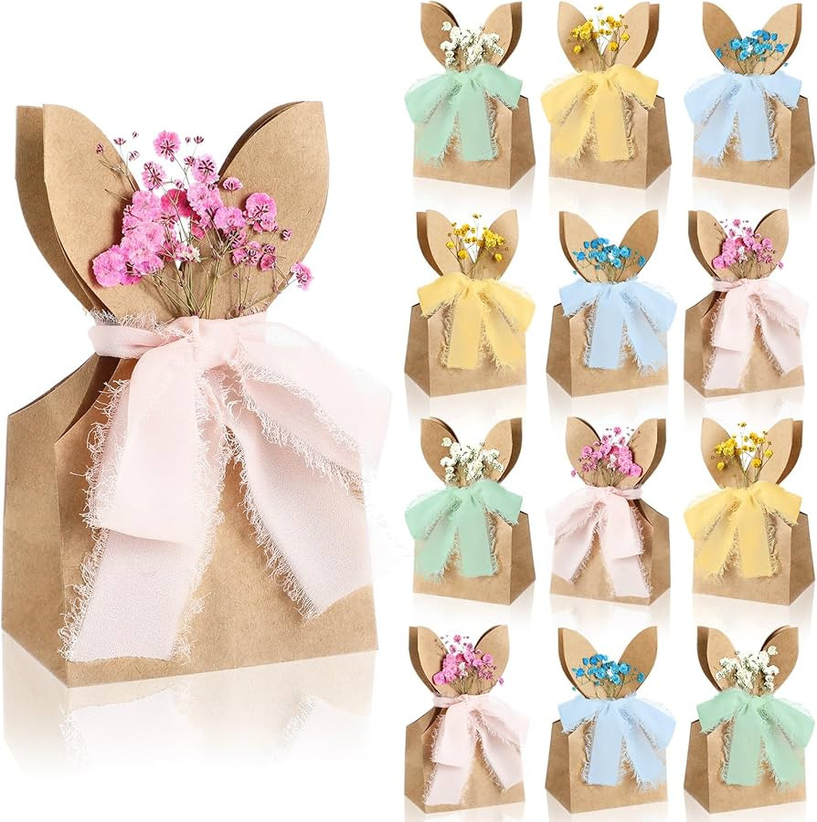 Affrolling 24 Set Boho Bow Easter Bunny Party Favor Bags DIY Bunny Gift Boxes with Neutral Bow Ri... | Amazon (US)