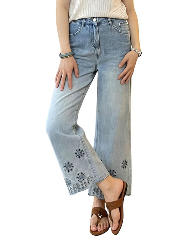 chouyatou Women's Eyelet Embroidery High Waisted Flared Straight Leg Jeans Y2k Loose Denim Croppe... | Amazon (US)