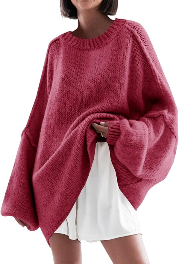 Saodimallsu Womens Oversized Sweater Chunky Crew Neck Long Lantern Sleeve Knit Fall Trendy Tunic ... | Amazon (US)