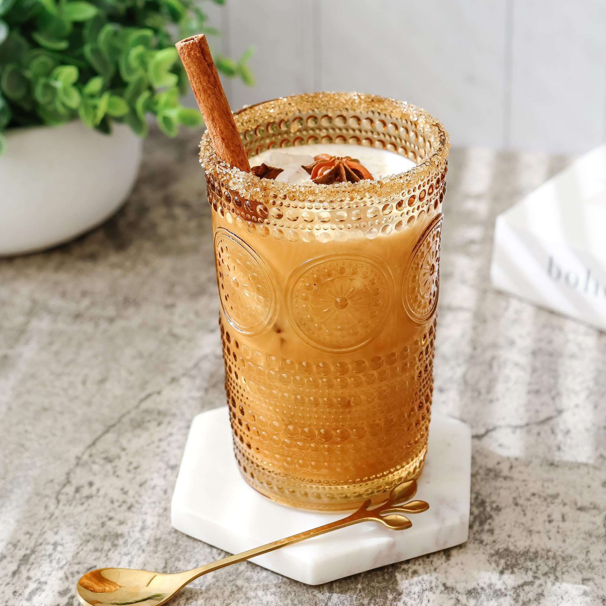 Kate Aspen Hobnail Beaded Floral Amber Drinking Glasses Set of 6, (13 oz) Vintage Glassware Set C... | Amazon (US)