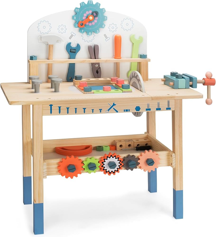 Kids Wooden Tool Workbench Toy Set - Pretend Workshop Table for Toddlers, Great Construction Play... | Amazon (US)