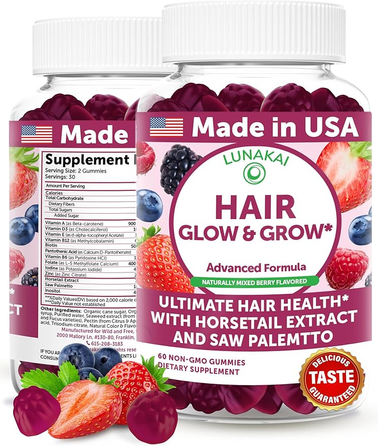 Lunakai USA Made Super Hair Gummies with Biotin, Zinc, Horsetail Extract & Saw Palmetto - Hair Gr... | Amazon (US)
