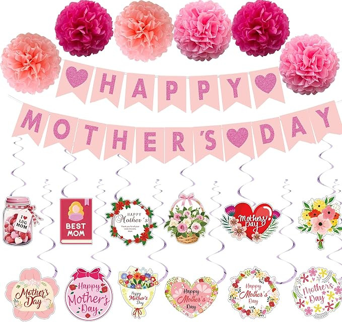 Mother's Day Decorations Set - Happy Mother's Day Glitter Banner, 6Pcs Paper Pom Poms, 14Pcs Hang... | Amazon (US)