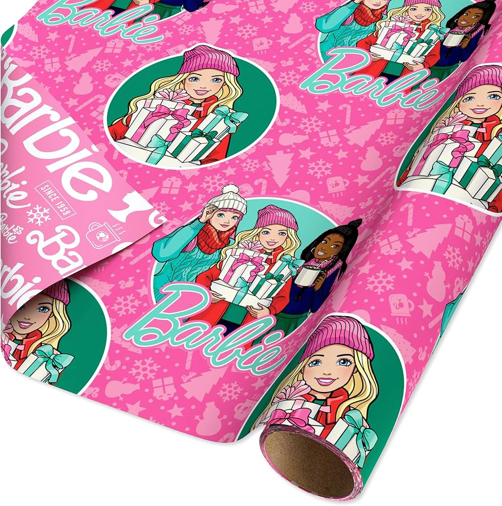 American Greetings Reversible Christmas Wrapping Paper for Kids, Barbie and Friends, Christmas Tr... | Amazon (US)