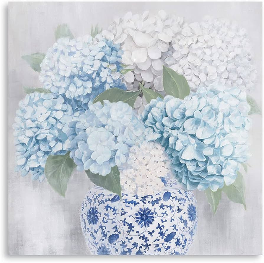 Blue and White Chinoiserie Hydrangea Canvas Wall Art Oriental Chinese Porcelain Vase Blossom Flow... | Amazon (US)
