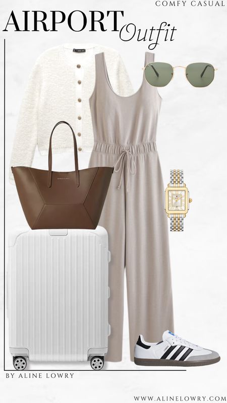 Neutral airport outfit - traveler jumpsuit that is comfortable and flattering. 

#LTKTravel #LTKU #LTKStyleTip