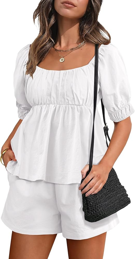 ANRABESS Women 2 Piece Outfits Babydoll Linen Short Sets Square Neck Puffed Sleeve Backless Tops ... | Amazon (US)