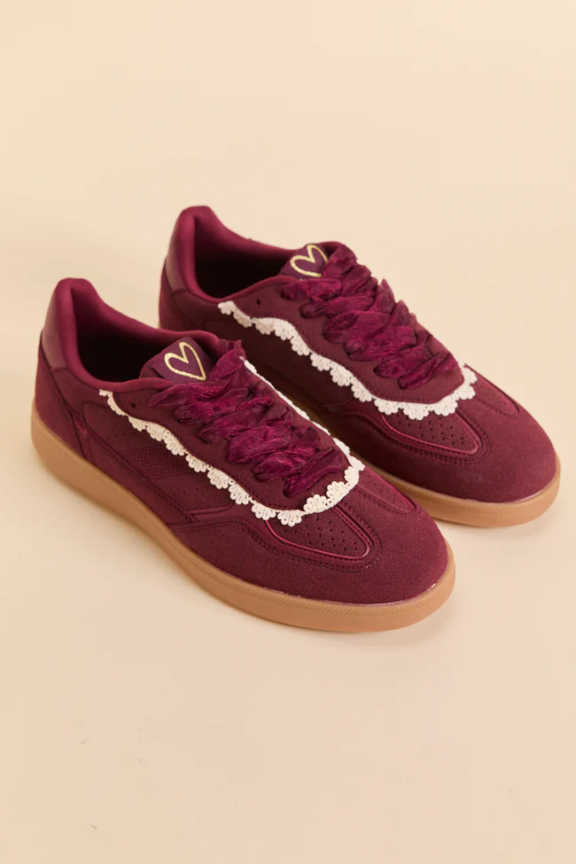 Tiffany Wine Lace Trim Sneakers | Pink Lily
