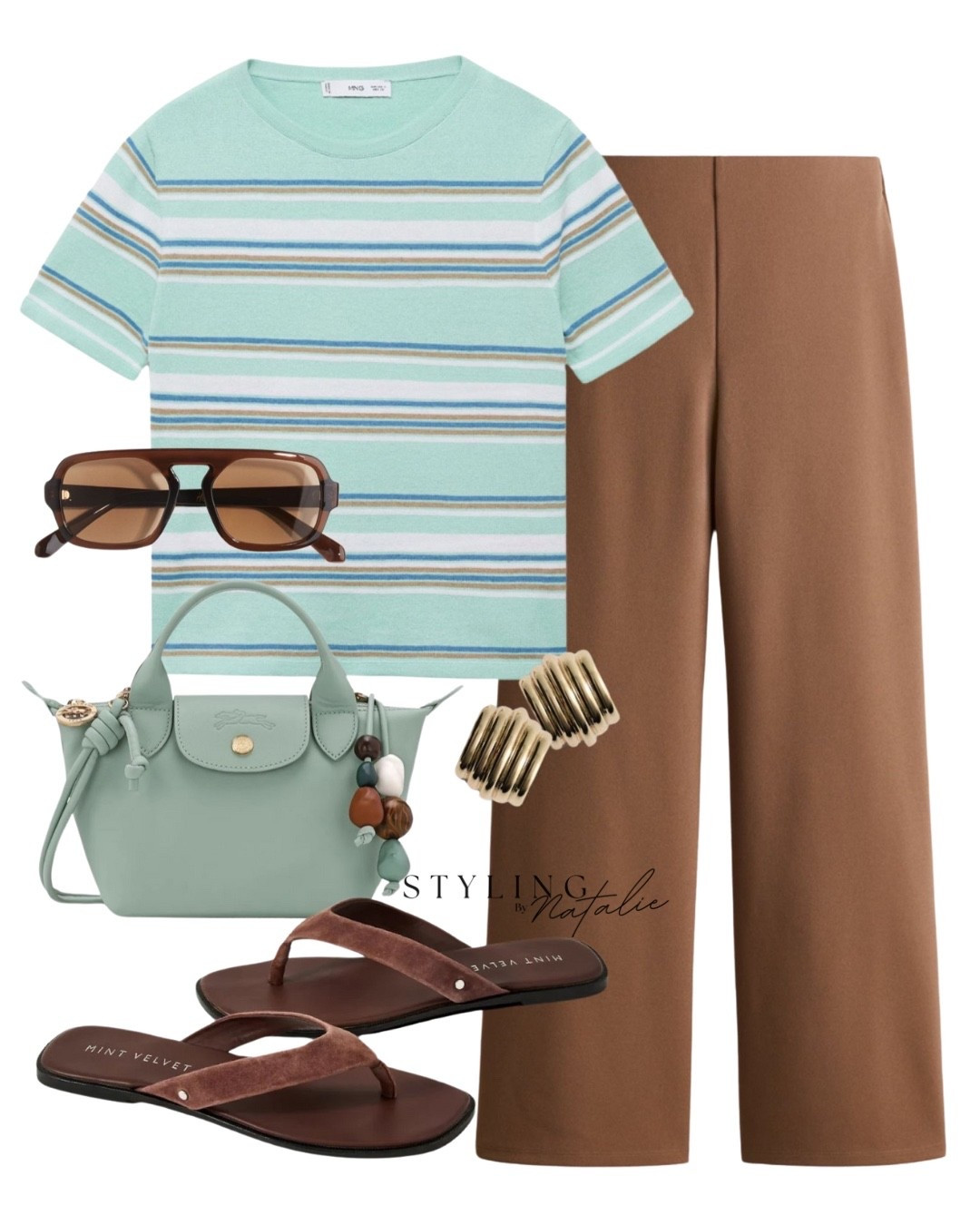 Turquoise stripe t-shirt, pull on jersey trousers, thong sandals, Longchamp mini bag, sunglasses and gold earrings. Summer outfit, casual, comfy style

#LTKuk #LTKsummer #LTKeurope