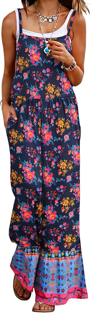 Himosyber Women's Summer Boho Jumpsuits Casual Wide Leg Bib Overalls Floral Print Rompers with Po... | Amazon (US)