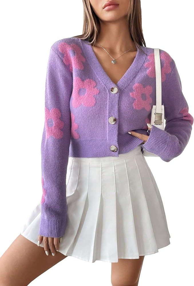 WDIRARA Women's Long Sleeve Button Front V Neck Casual Crop Cardigan Sweater | Amazon (US)
