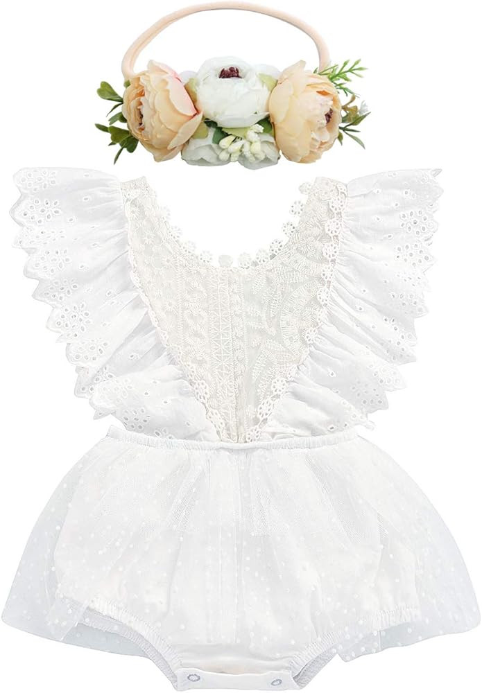 BGFKS Lace Ruffle Sleeve Romper Tutu for Baby Girl,Newborn Toddler Girls Bodysuit Tutu Dress with Fl | Amazon (US)