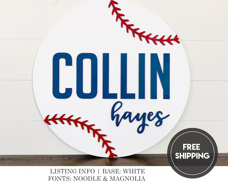 Baseball round wood nursery name sign 24", name sign for nursery girl, boy, above crib sign  baby... | Etsy (US)
