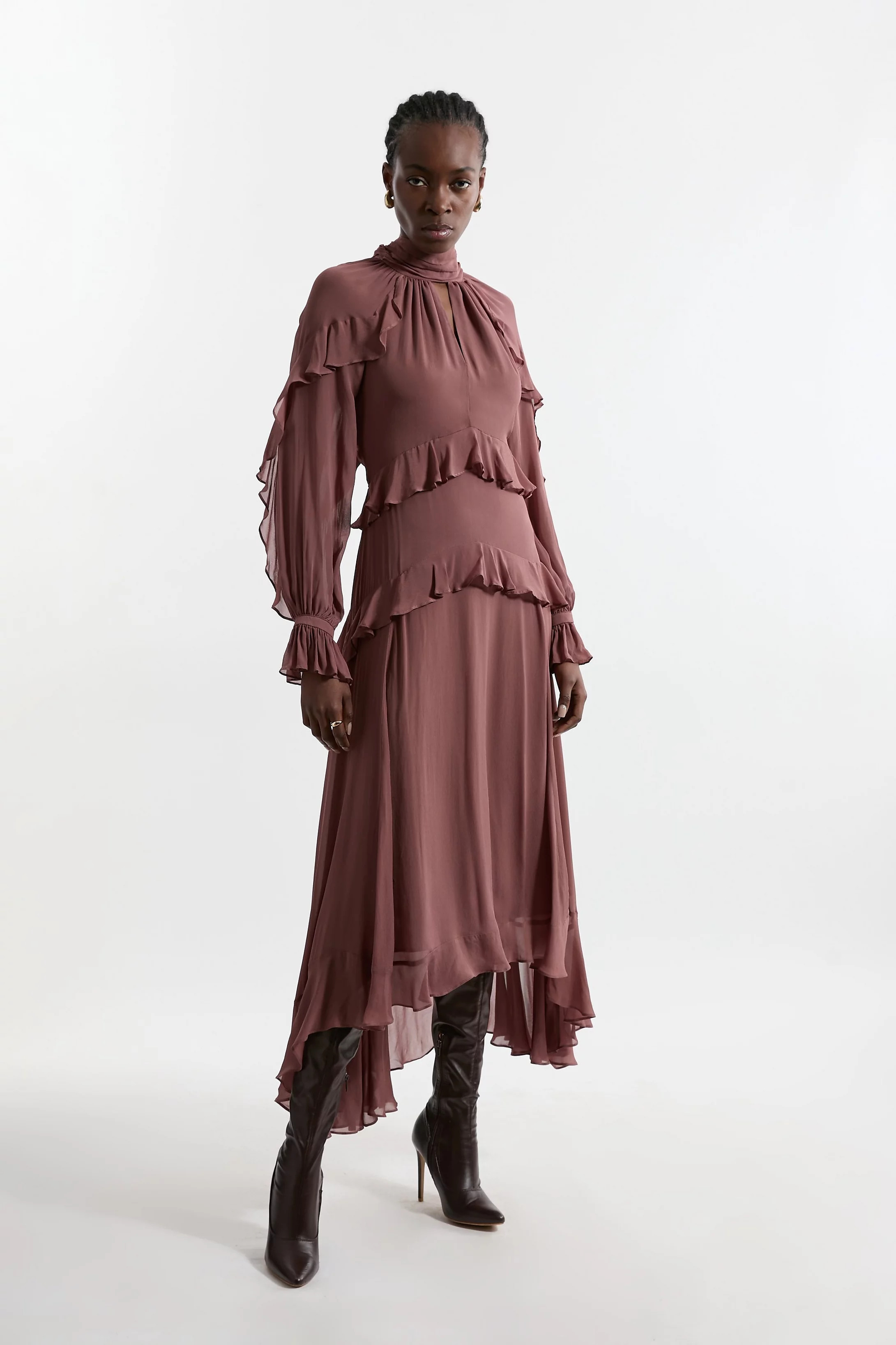 Petite Viscose Georgette Ruffle Detail Drama Woven Dress | Karen Millen UK + IE + DE + NL