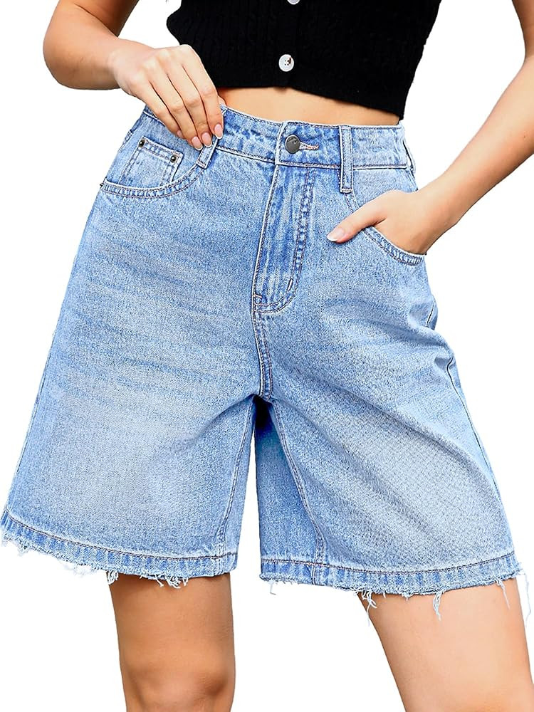 ELLEVEN Bermuda Jorts Baggy Jean Shorts - Casual Loose Fit Wide Leg Knee Length Denim Shorts with... | Amazon (US)