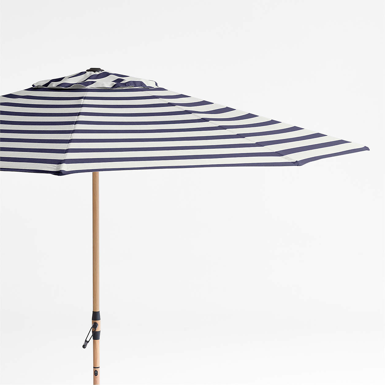 10' Round Sunbrella Navy and White Cabana Stripe Outdoor Patio Umbrella with Faux Wood Metal Fram... | Crate & Barrel