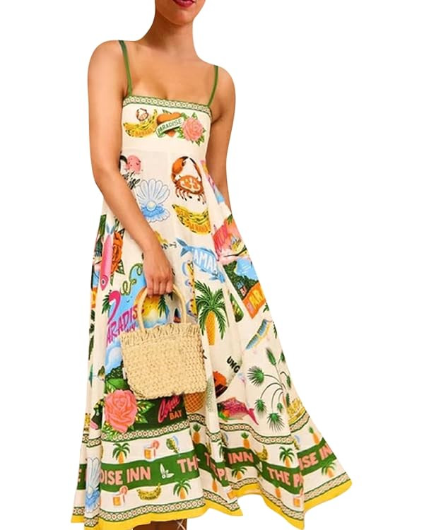 Women Dresses 2025 Cute Print Maxi Cami Dresses Sleeveless Casual Spaghetti Strap Graffiti Dress ... | Amazon (US)