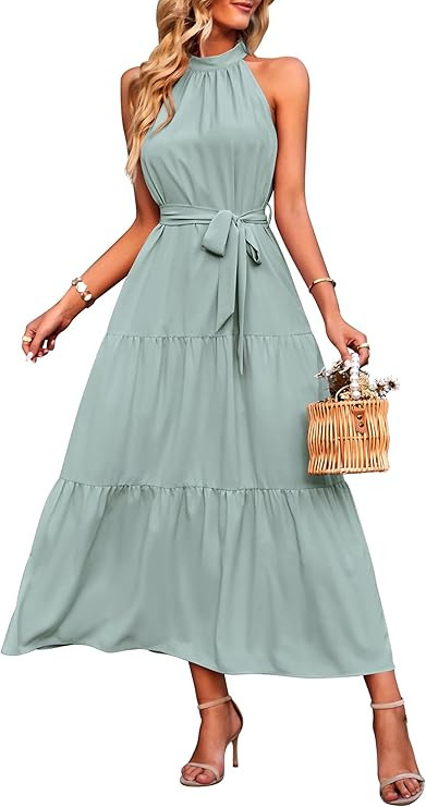 PRETTYGARDEN Women's Summer Floral Maxi Sun Dress Sleeveless Halter Neck Flowy Ruffle Hem Long Bo... | Amazon (US)