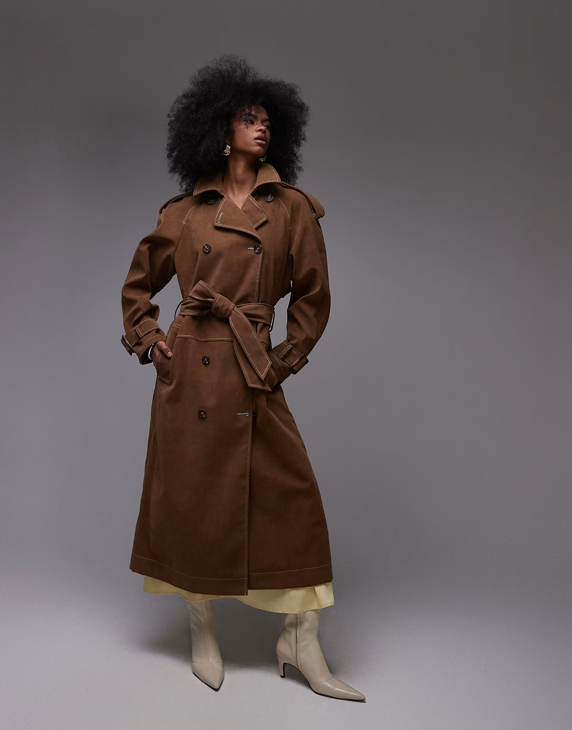 Topshop longline oversized faux suede trench coat in contrast stitch brown | ASOS (Global)